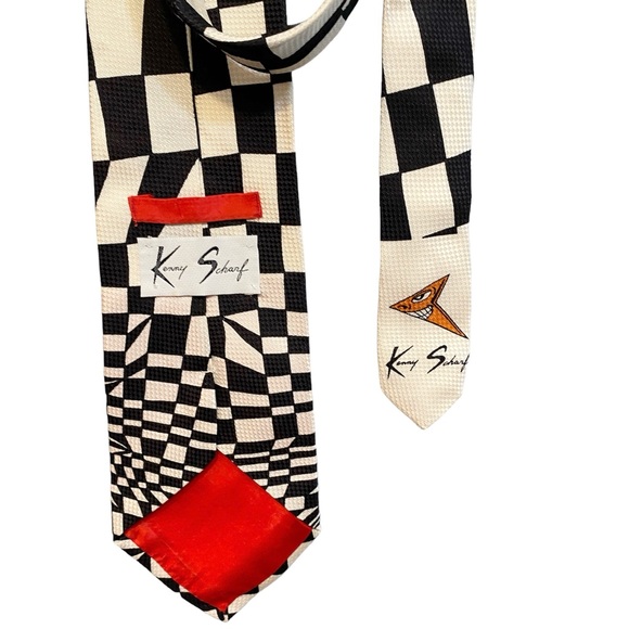 VTG 90s Kenny Scharf Silk Necktie GEM Italy Tie Checkered Fiz n Zip Art RARE - Picture 4 of 10